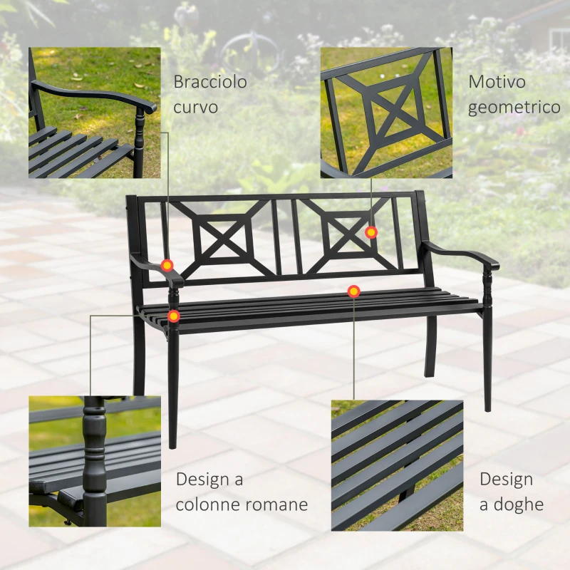 Outsunny Panchina da Giardino in Acciaio a 2 Posti con Schienale Alto e Braccioli, 128x62.5x81.5 cm, Nero