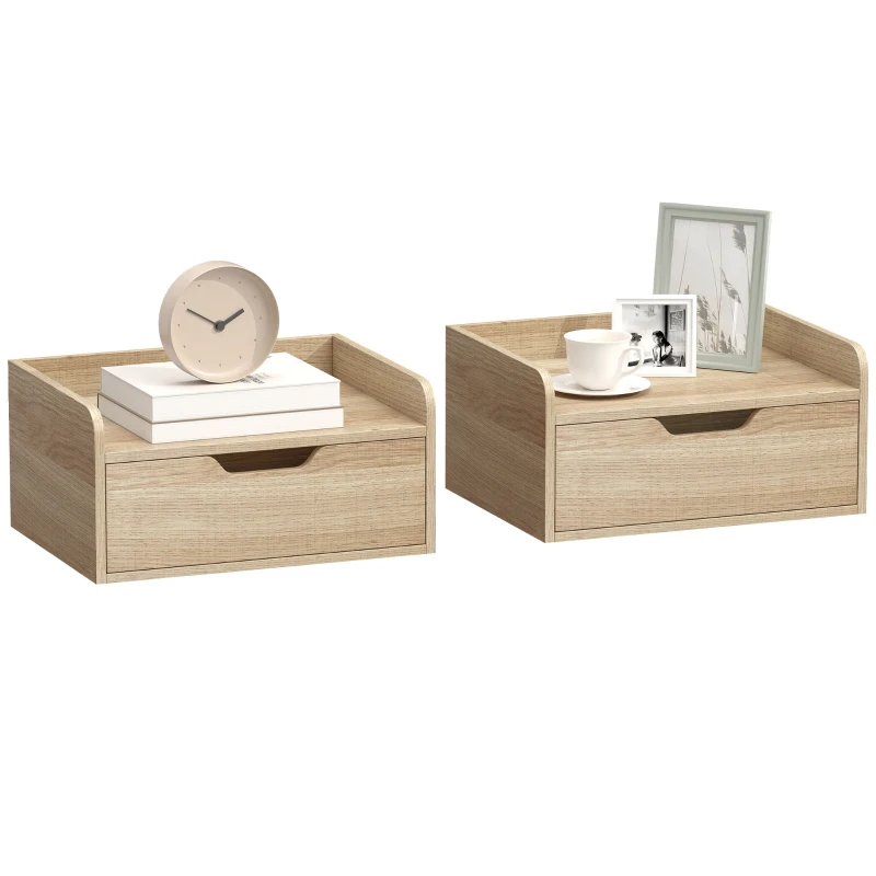 HOMCOM Floating Nightstand Set of 2 Wall Mounted Bedside Table with Storage Drawer for Bedroom, Natural
