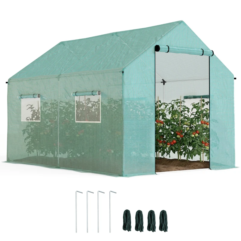 Outsunny Serre de jardin tunnel 2 x 3m, 6m² avec porte enroulable, 4 fenêtres, - Acier galvanisé PE Haute densité Vert