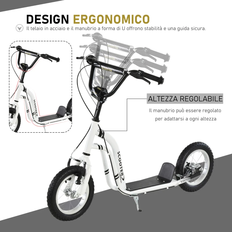 HOMCOM Monopattino con Manubrio Regolabile, Ruote Grandi, 2 Freni e Telaio in Metallo, per Bambini 5+ Anni, Max 100kg, 120x58x85-95cm, Bianco