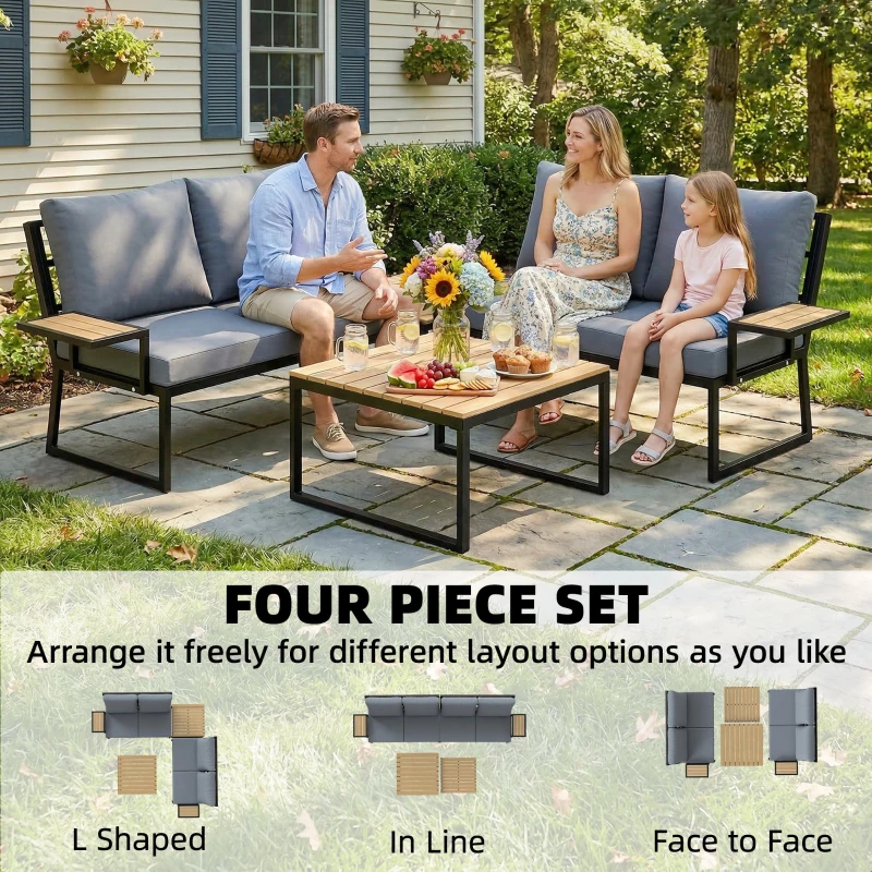 Outsunny 4 Seater Metal Garden Furniture Set, Corner Garden Sofa Set with 2 Loveseats, 2 Nesting Tables, Arm Side Trays, Teak