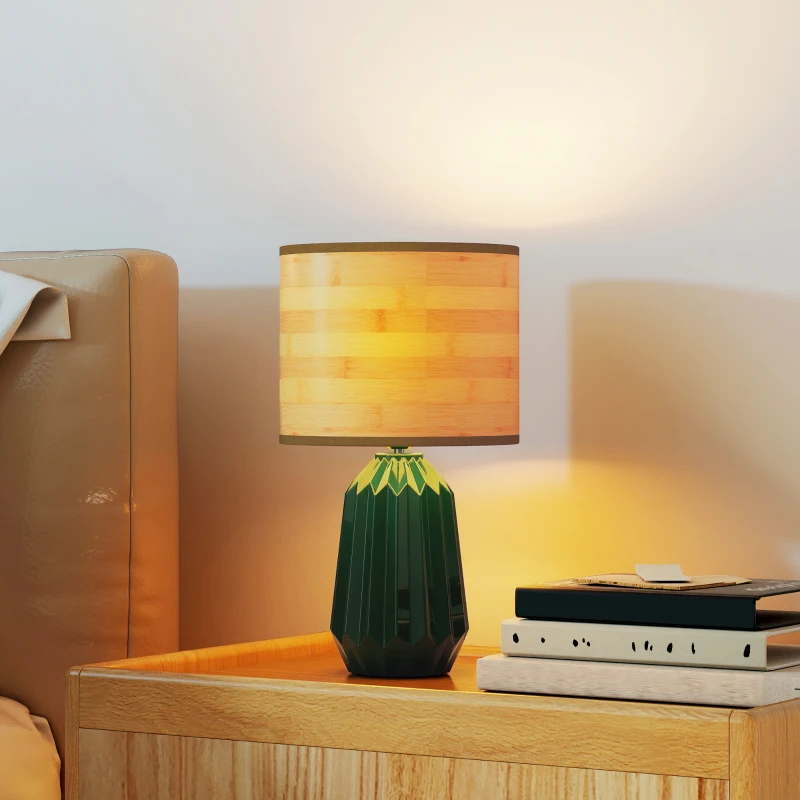 HOMCOM Lámpara de Mesa con Base de Cerámica y Pantalla de Lino Estilo Retro para Dormitorio 40W Verde y Madera Natural