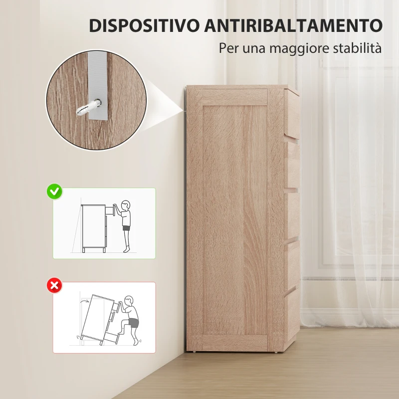 HOMCOM Cassettiera 5 Cassetti in Legno con Guide in Metallo e Maniglie Scanalate, 60x39x100 cm, color Faggio