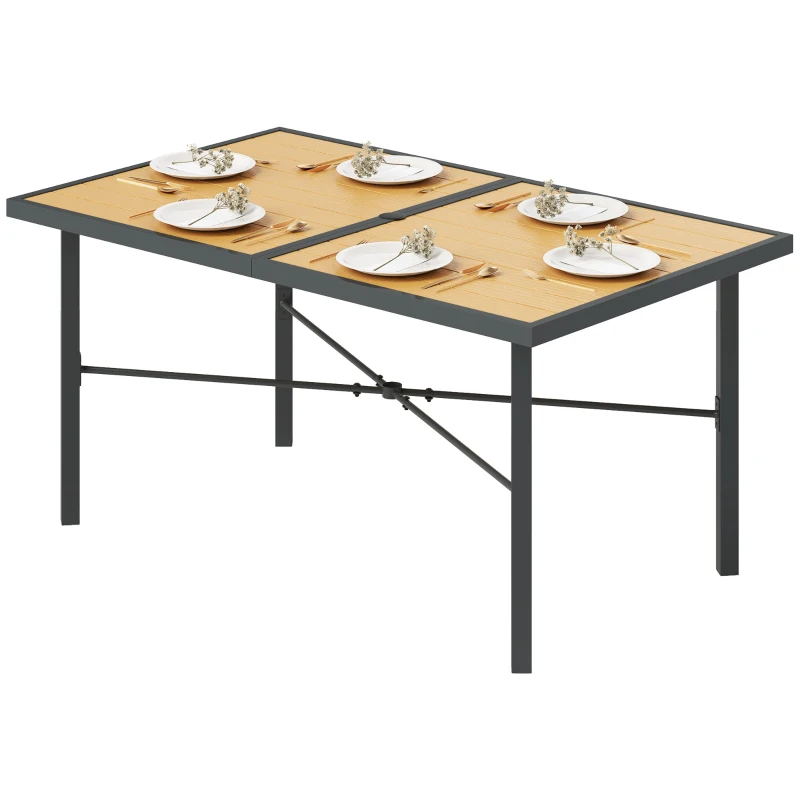 Outsunny Garden Table for 6, 150 cm Rectangular Outdoor Dining Table with 5 cm Umbrella Hole, Wood Effect Top, Rust Resistant Frame, for Patio, Balcony, Terrace, Natural Wood Finish
