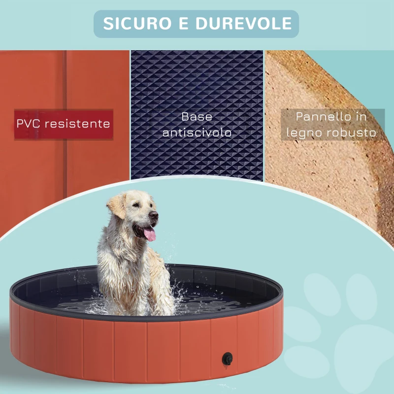 PawHut Piscina Vasca da Bagno Portatile Pieghevole per Cani Animali Domestici in PVC Φ140 x 30cm Rosso
