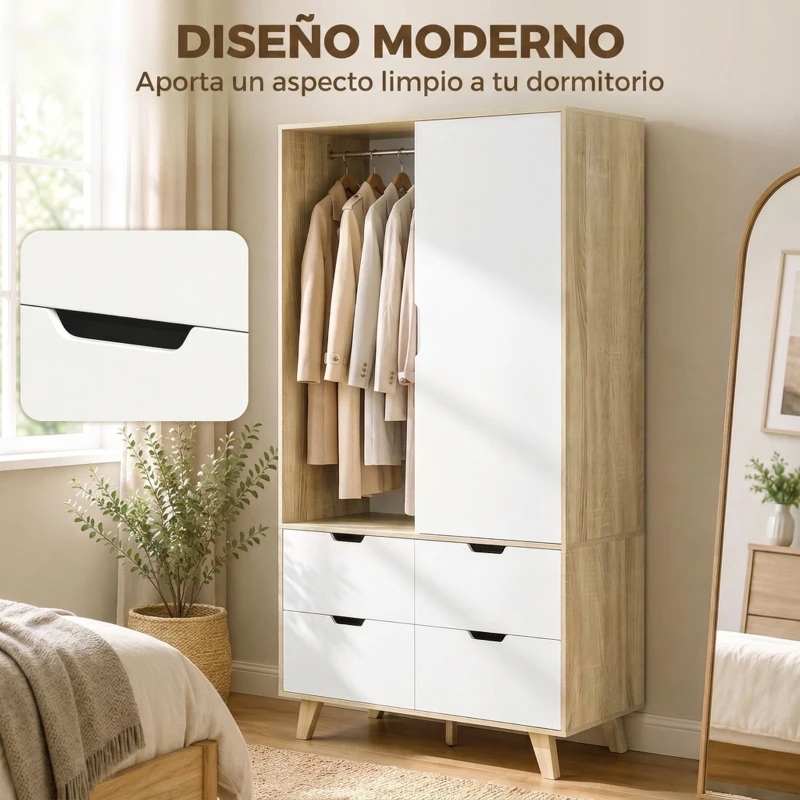HOMCOM Armario Dormitorio Moderno con Puertas Correderas Barra para Colgar Estantes Ajustables y 4 Cajones Roble y Blanco