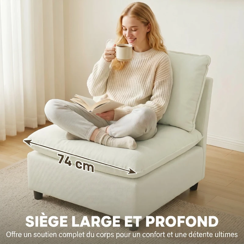 HOMCOM Fauteuil de salon, canapé 1 place moderne sans accoudoirs avec assise large, coussins épais, 146x85x78cm, crème