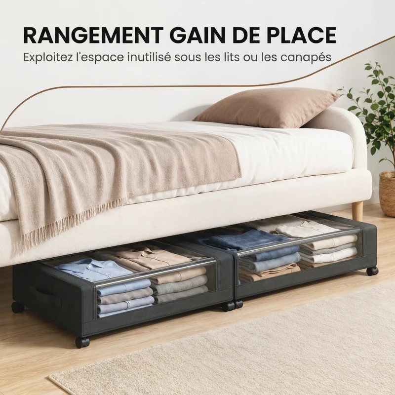 HOMCOM Boîte de Rangement sous Lit à Roulettes, Lot de 2, 40L, Fermeture Éclair, Cadre en Acier, Poignées, 78x44x16cm, Noir