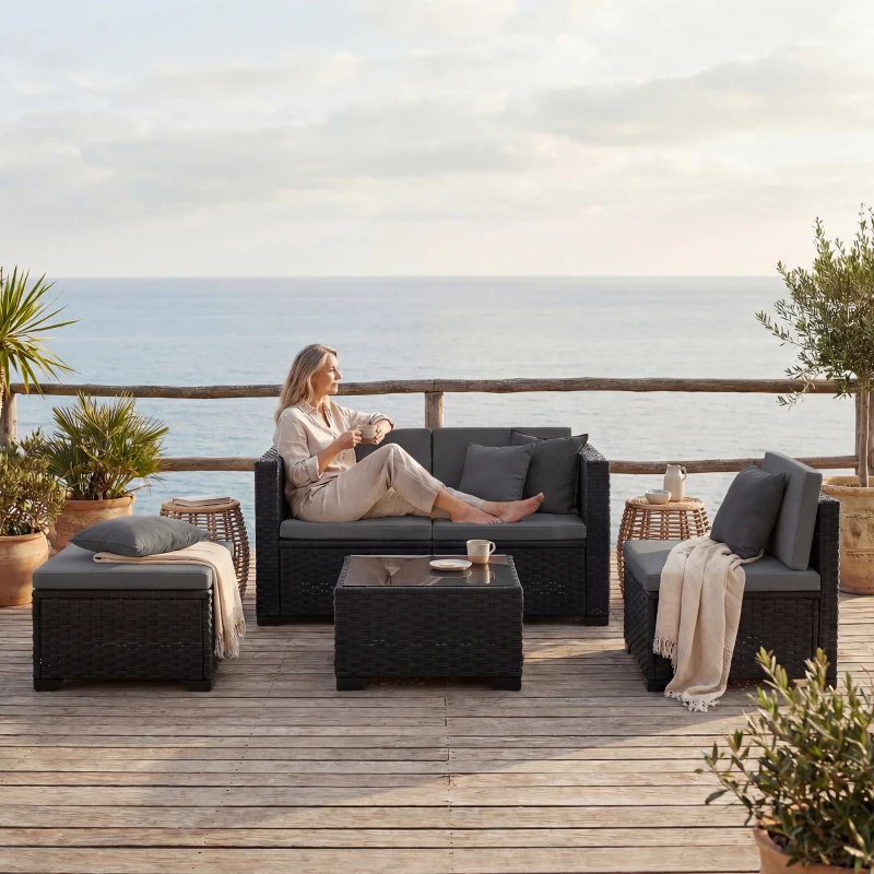Outsunny 5-Piece Modular Wicker Garden Set with Cushions, Gray Corner Sofa