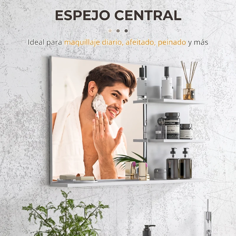 kleankin Espejo de Baño de Pared con 2 Estantes Laterales y Estante Inferior para Entrada Pasillo 75x10x48 cm Blanco