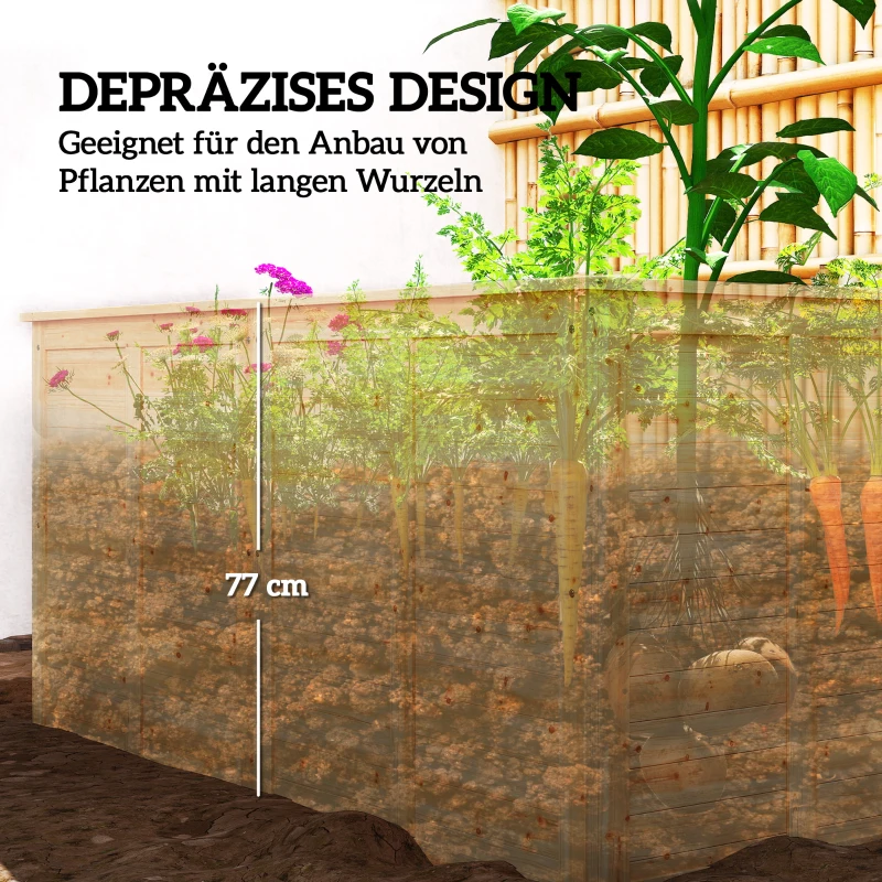 Outsunny Hochbeet Holz 152 x 77 x 77 cm Erhöhtes Tief Kräuterbeet mit Offenem Boden Verstärkungsstangen