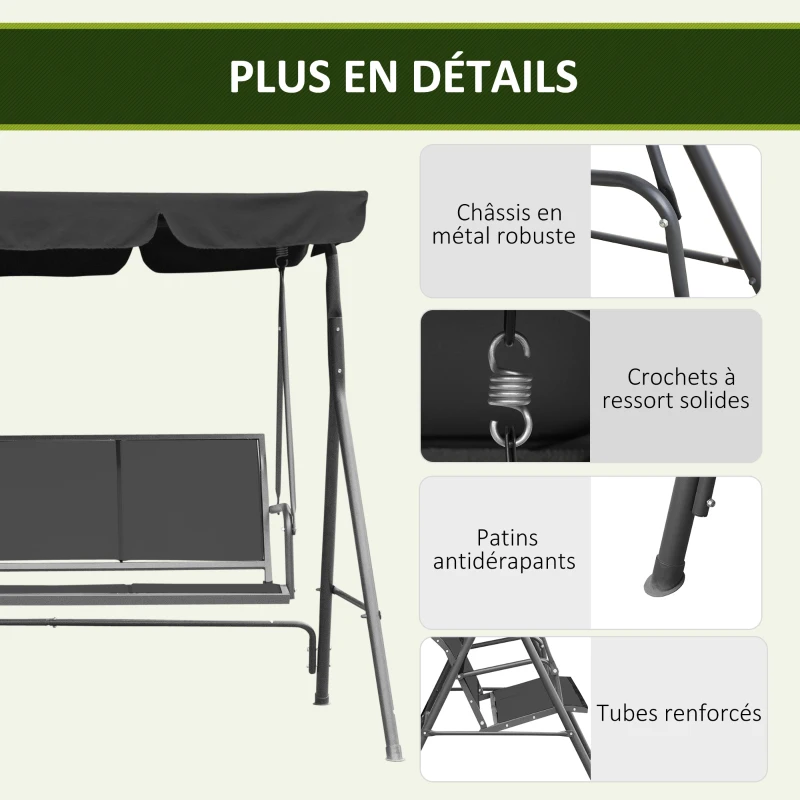 Outsunny Balancelle de Jardin 3 Places Toit imperméabilisé Inclinaison réglable Assise et Dossier Ergonomique Acier