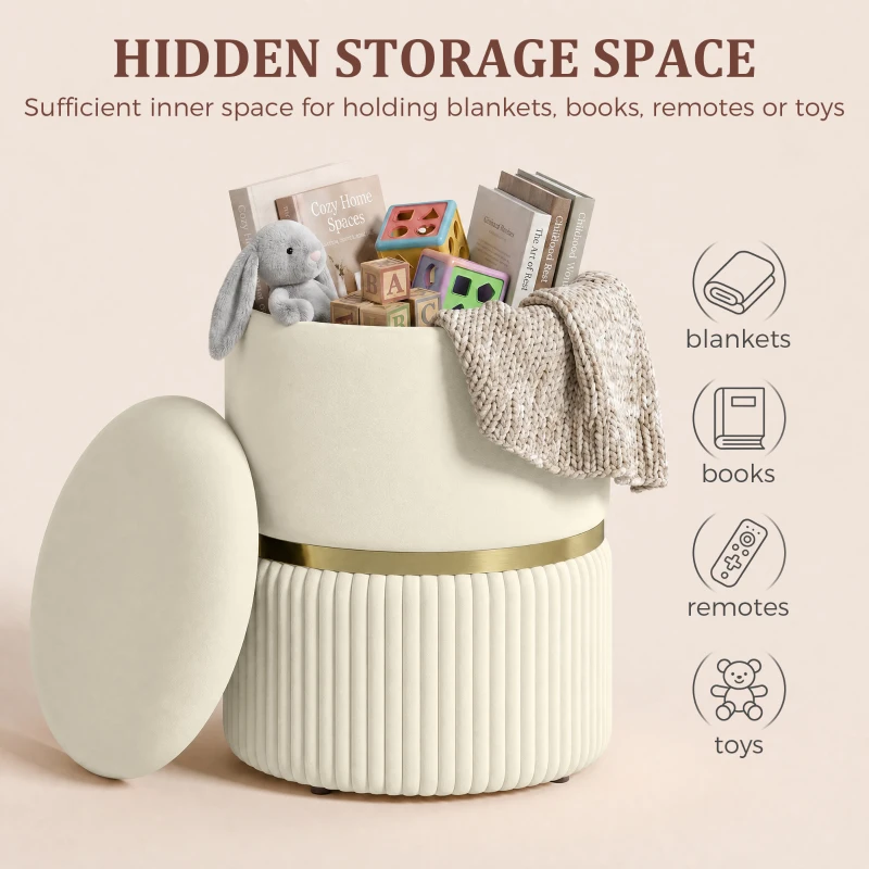 HOMCOM Round Storage Stool, Velvet-feel Fabric Upholstered Vanity Stool with Removable Top, Padded Seat and Hidden Space, Beige