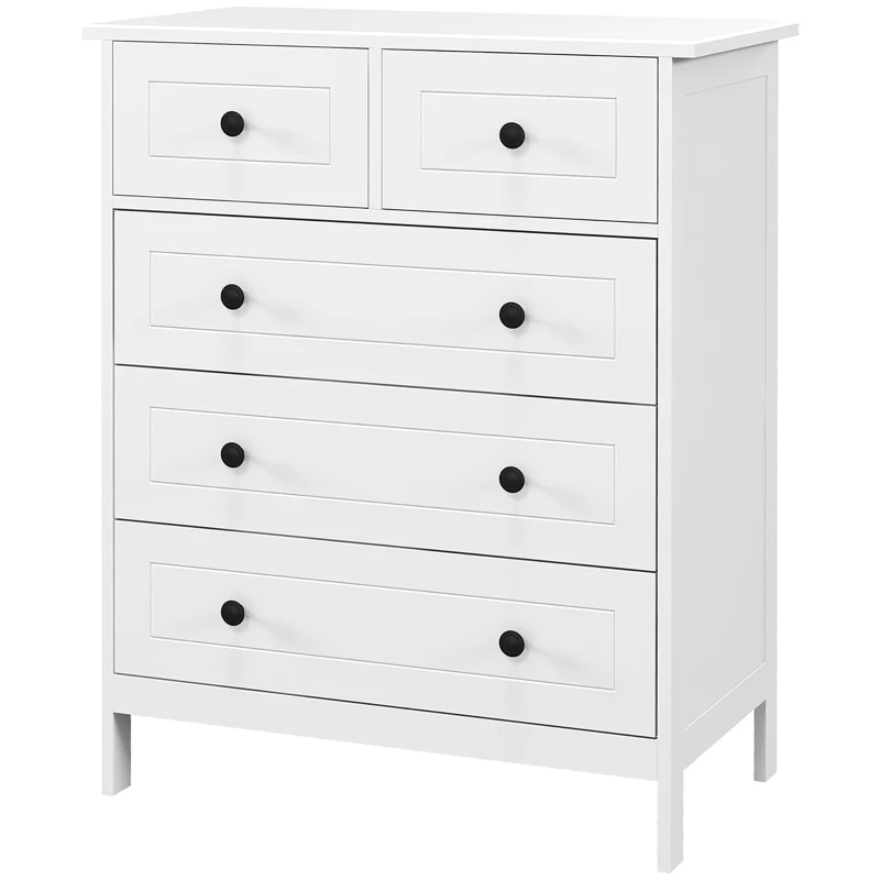 HOMCOM Commode meuble de rangement 5 tiroirs pour chambre, bureau, entrée, blanc et poignée métal noir(m-12)