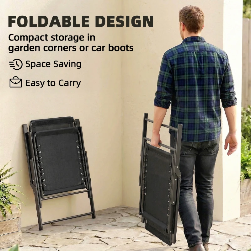 Outsunny Folding Garden Chairs Set of 4, Outdoor Dining Chairs with Wide Texteline Seat, High Back and Armrests, Black