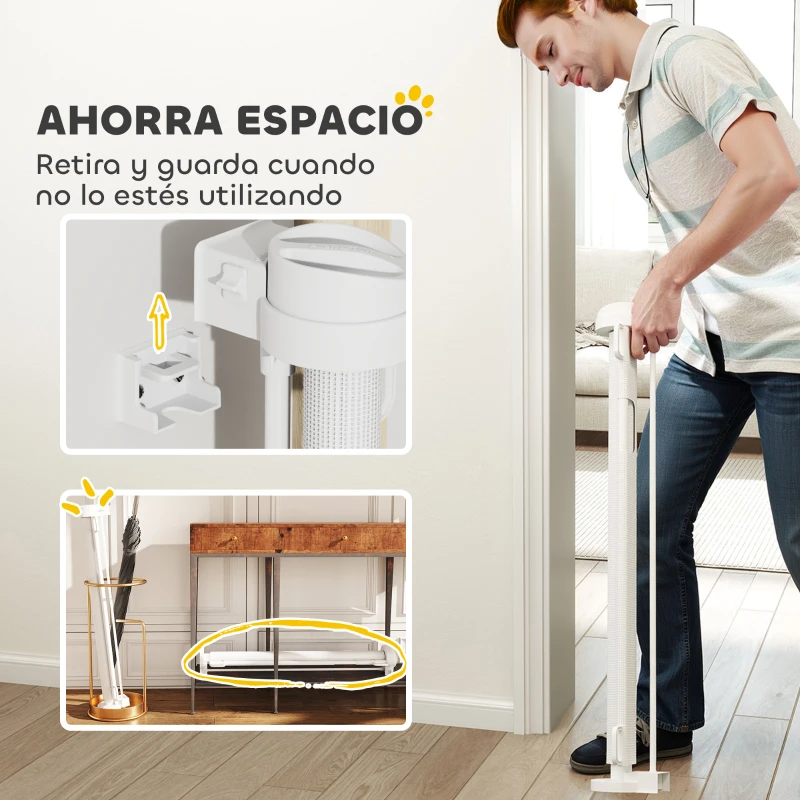 PawHut Barrera de Seguridad para Perros Retráctil con Interruptor de Cierre para Puertas Escaleras Pasillos 142x10x87 cm Blanco