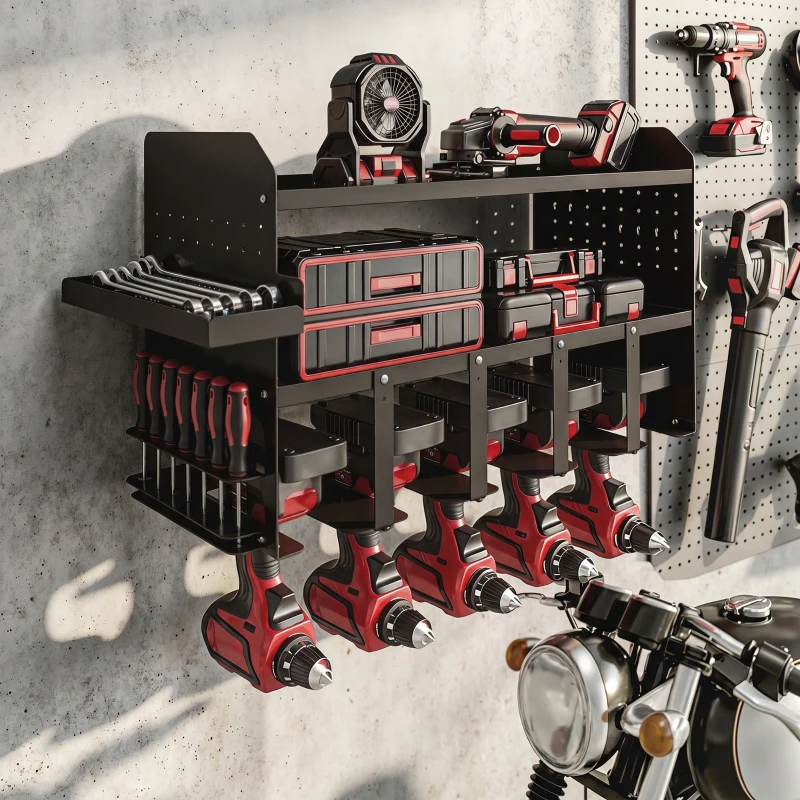 Outsunny Gartenwerkzeug-Organizer 2-stufig Gartengeräte Ständer mit Haken Seitenfach bis 50 kg 61,8 x 23 x 32,7cm Schwarz