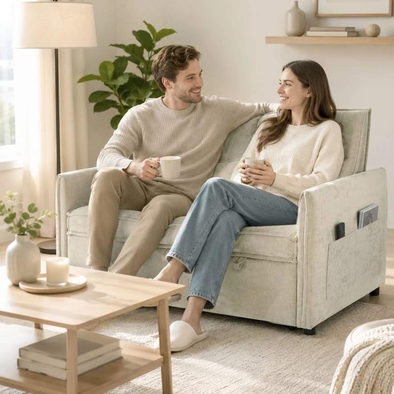 HOMCOM Canapé Convertible 2 Places, Canapé-Lit 3 en 1 Chenille 125 cm avec Dossier Réglable, Assise Large, 2 Oreillers, Crème