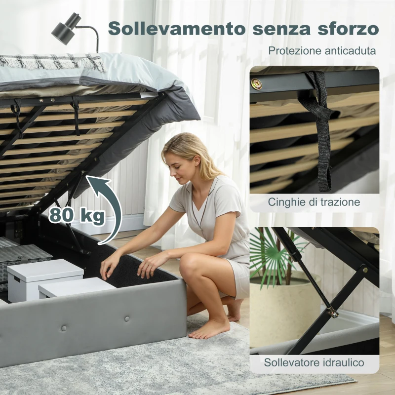 HOMCOM Letto Contenitore con Spazio a Scomparsa e Testiera Vellutata a Trapunta, in Legno e Metallo, 195x141x106 cm, Grigio