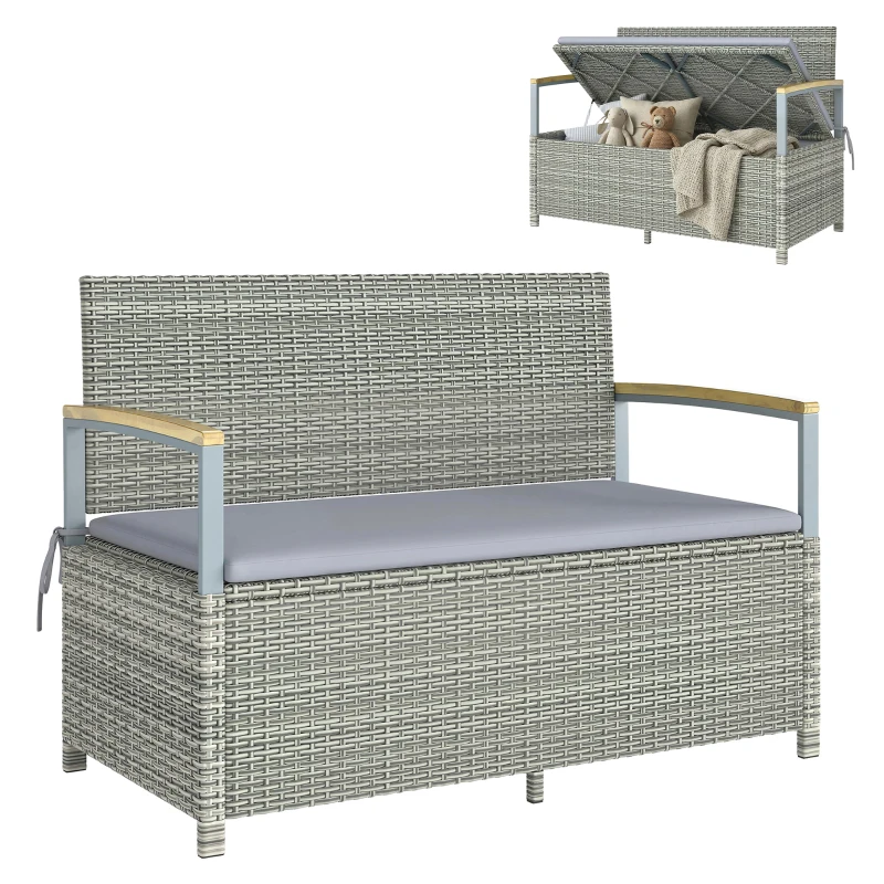 Outsunny Banc de Jardin Banquette avec Coffre de Rangement 170L 2 Places Coussin Déhoussable Résine Tressée 120x60x84cm Gris