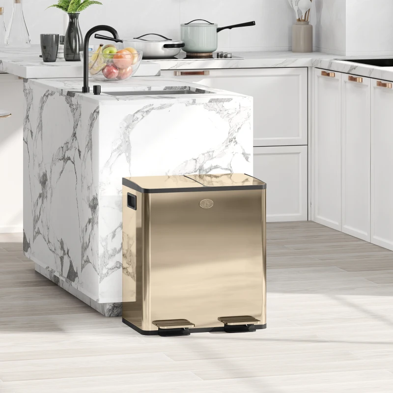 HOMCOM 40L Dual Compartment Stainless Steel Bin, with Deodoriser Holders - Gold Tone