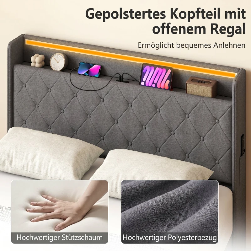 HOMCOM Bettgestell 140 x 200 cm mit Kopf- und Fußteil, Plattformbett mit hydraulischem Stauraum, LED-Lichtern