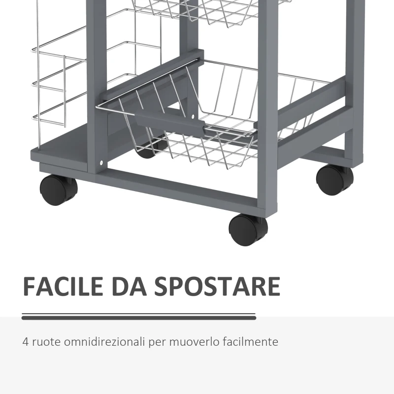 HOMCOM Carrello da Cucina con Cassetti Estraibili e 2 Portabottiglie, in Legno di Pino e Metallo, 47x37x83 cm