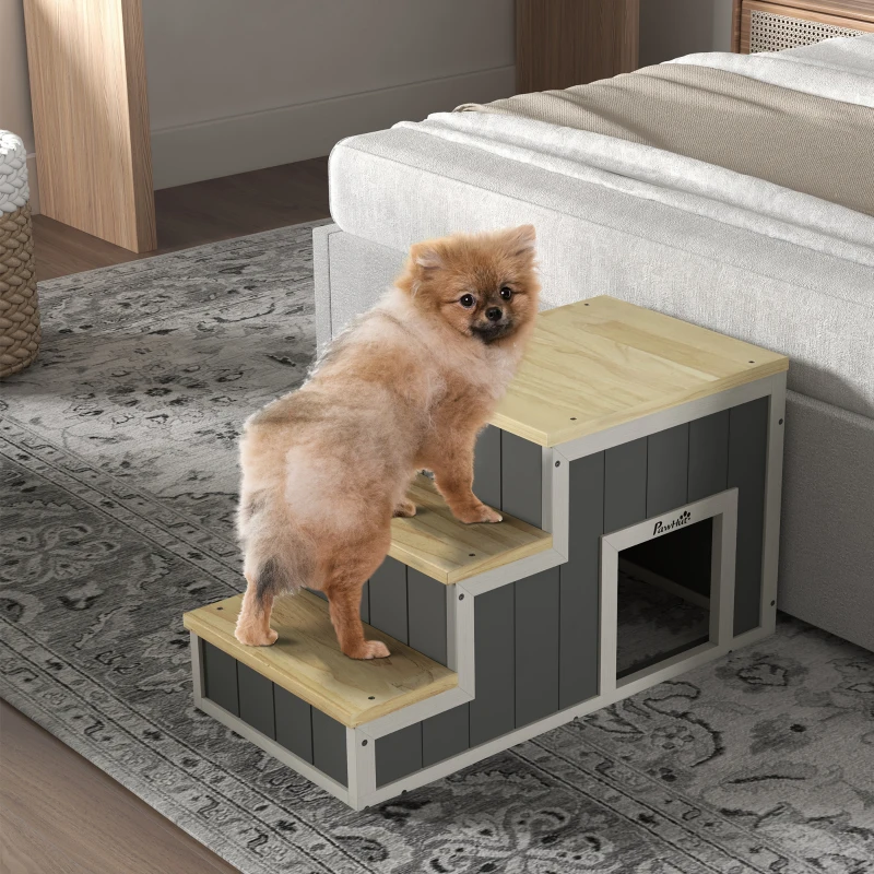 PawHut Haustiertreppe Hundetreppe, 3 Stufen, Kiefernholz, 79 cm x 38,5 cm x 45 cm, Natur + Weiß