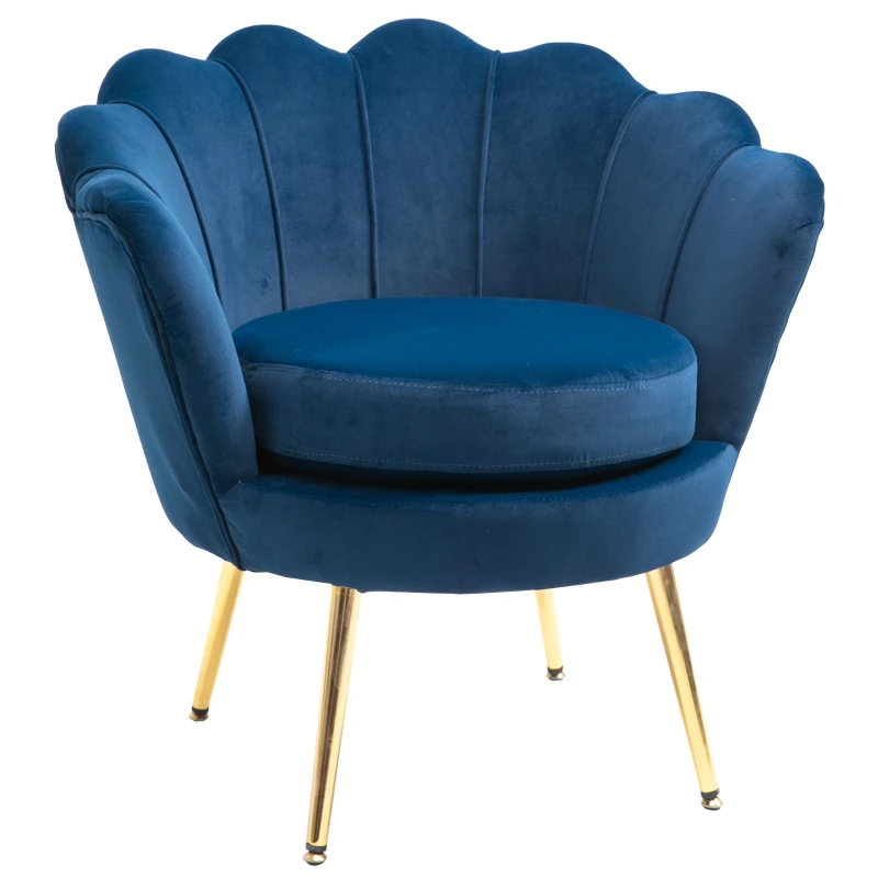 HOMCOM Fauteuil salon fauteuil en velours fauteuil coquillage avec pieds en métal doré pour chambre à coucher, bleu