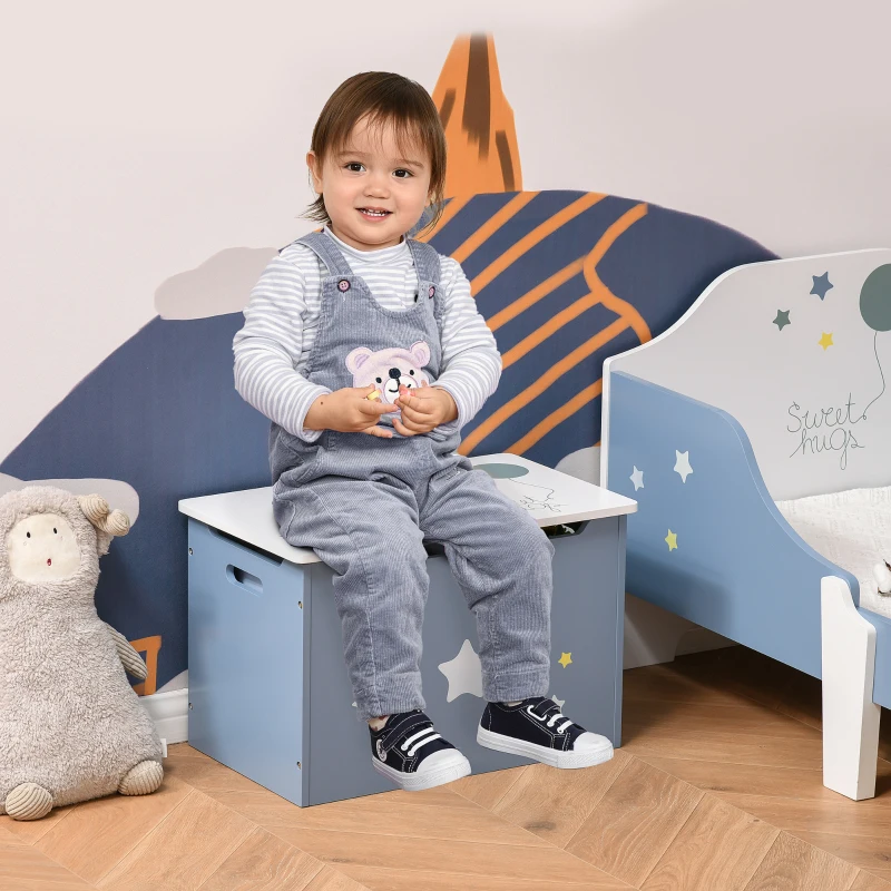 HOMCOM Cassapanca Baule Portagiochi in Legno Blu e Bianco, Panca per Cameretta Bambini 55 x 34 x 35.5 cm