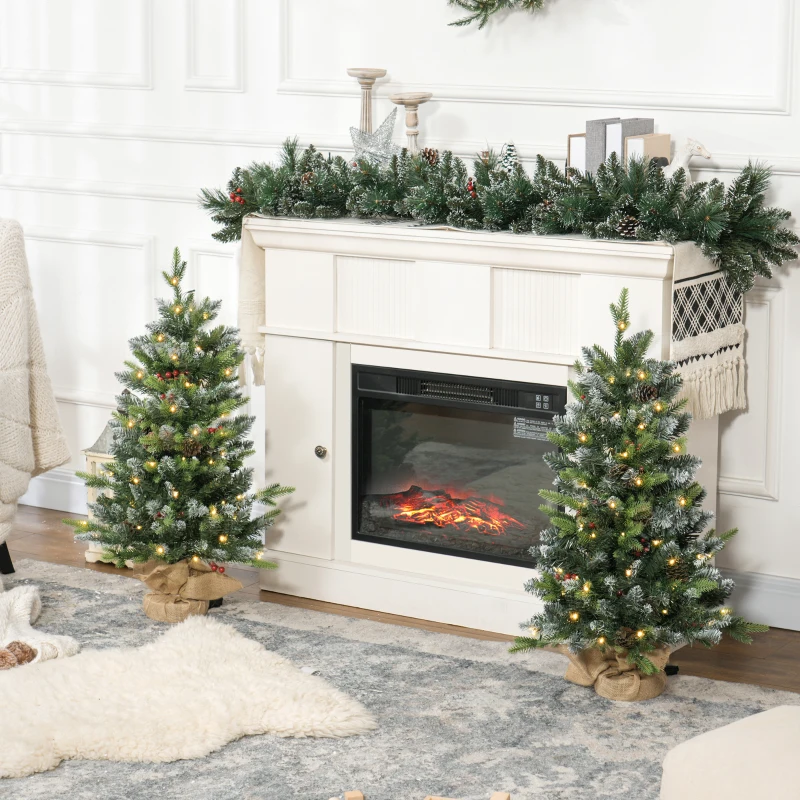 HOMCOM Set of Two 3ft Christmas Trees, with Lights, Berries and Pinecones