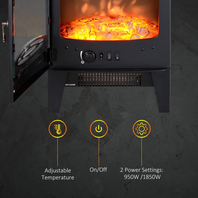 HOMCOM Electric Fireplace Stove, Freestanding Log Burner, 1000W/2000W, Portable Electric Fire Fan Heater with LED Flame Effect, Adjustable Thermostat, Glass, Overheat Protection, Black
