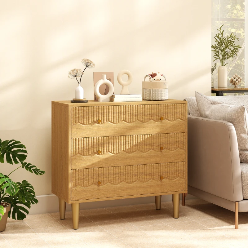 HOMCOM Dresser for Bedroom 3 Drawer Chest of Drawers with Steel Frame for Living Room in Oak