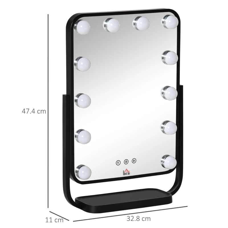 HOMCOM Specchio Trucco Illuminato Inclinabile con 12 Luci LED e Luminosità Regolabile, 32.8Lx11x47.4cm