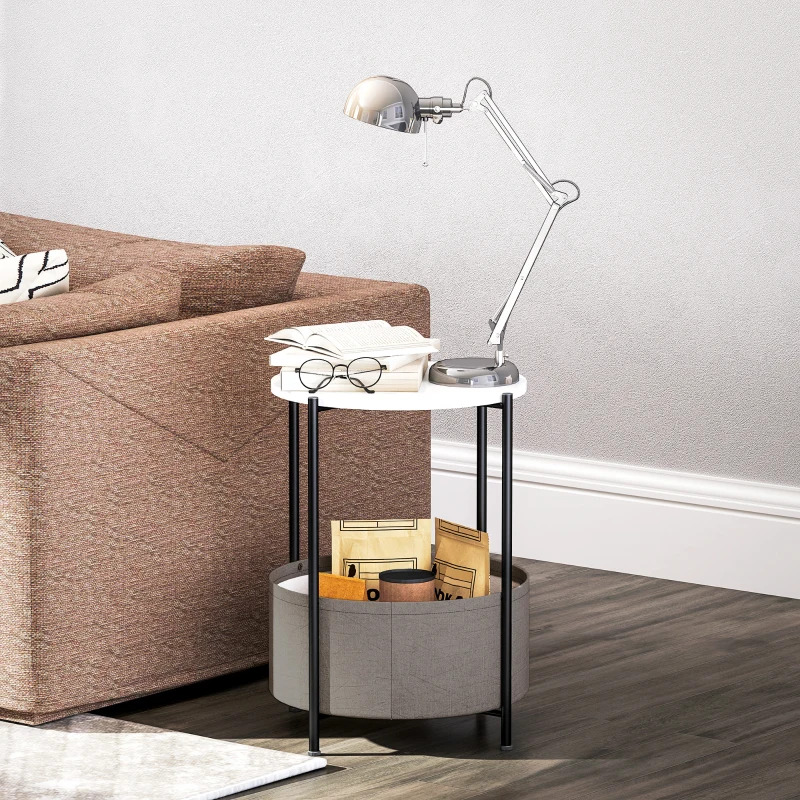 HOMCOM Runder Beistelltisch mit Stoffkorb, 2-stufiger Kaffeetisch für Wohnzimmer, Schlafzimmer, kleine Räume, Metall, Grau+Weiß