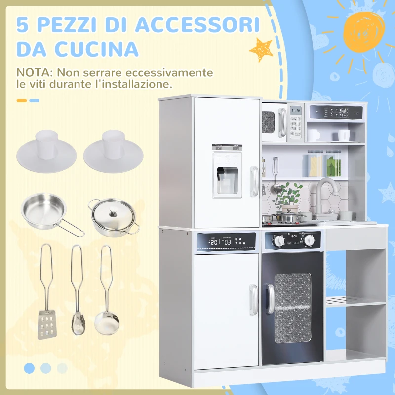 AIYAPLAY Set Cucina Giocattolo in Legno con Fornello con Luci e Suoni, Lavello con Circolo d'Acqua e Accessori, Bianco