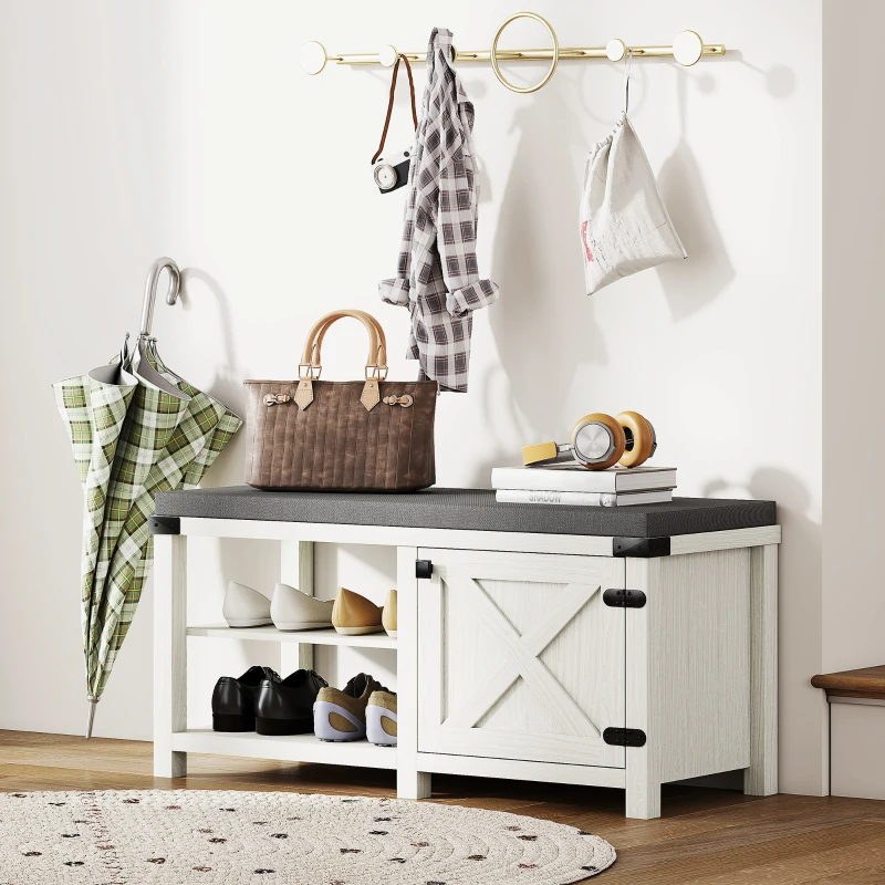 HOMCOM Zapatero con Asiento Compartimentos para 7 Pares de Zapatos para Entrada Salón Dormitorio 100x40x48 cm Blanco Grisáceo