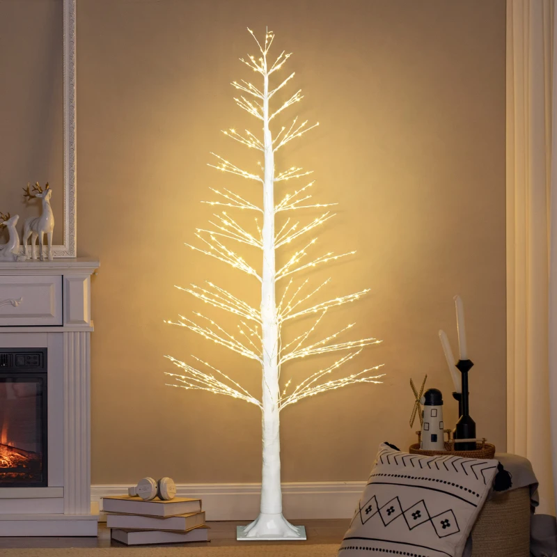 HOMCOM Kunsttanne mit LED-Beleuchtung, 180 cm hoher Weihnachtsbaum, realistische Rinde, Weiß
