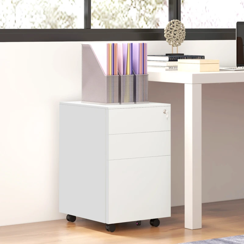 Vinsetto Caisson 3 tiroirs coulissants rangement bureau sur roulettes verrouillable trieur à dossiers 37 x 43,5 x 60 cm blanc