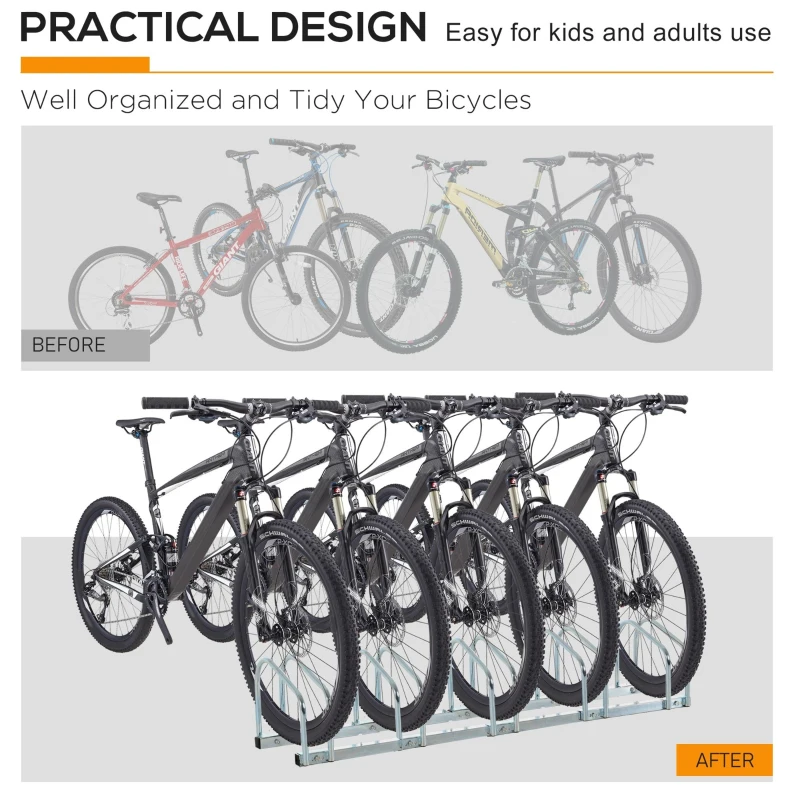 HOMCOM Bike Stand Parking Rack Floor or Wall Mount Bicycle Cycle Storage Locking Stand 145W x 33D x 27H (5 Racks, Silver)