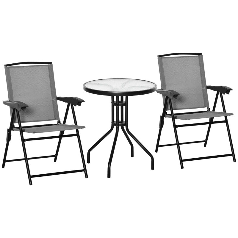 Outsunny Ensemble de jardin 3 pièces 2 chaises inclinables multi-positions pliables table ronde verre trempé métal textilène gris
