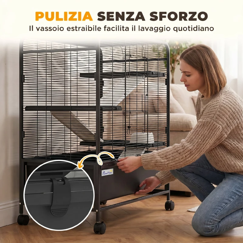 PawHut Gabbia per Conigli in Acciaio a 4 Livelli con Piattaforme, Rampe, Ruote, Serbatoio Acqua e Vassoio Rimovibile, Nero
