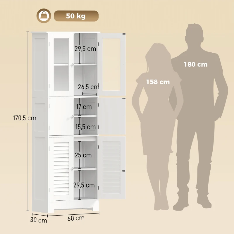 HOMCOM Meuble de salle de bain haut, meuble de rangement avec 6 portes dont 2 vitrées et 2 persiennes, étagère réglable, blanc