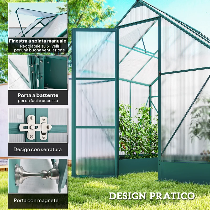 Outsunny Serra da Giardino in Policarbonato e Alluminio con Finestre e Base Inclusa, 190x190x220 cm
