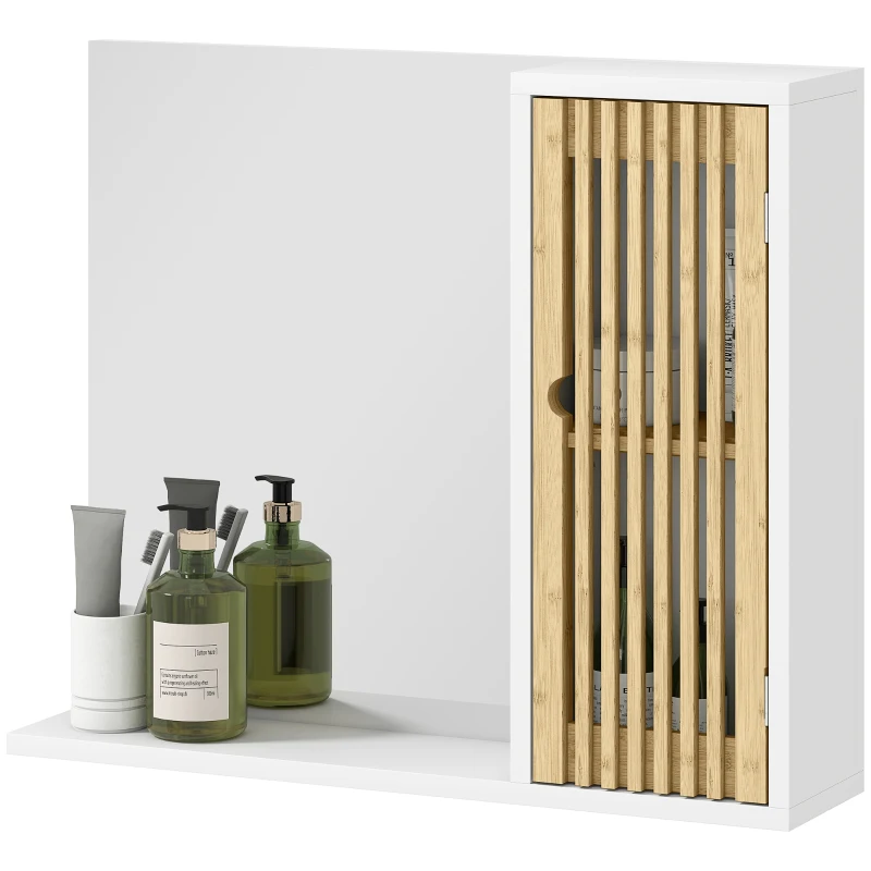 HOMCOM Espejo de Baño 60x50 cm Espejo de Pared con Puerta de Listones de Bambú Estantes de Almacenaje Blanco y Natural