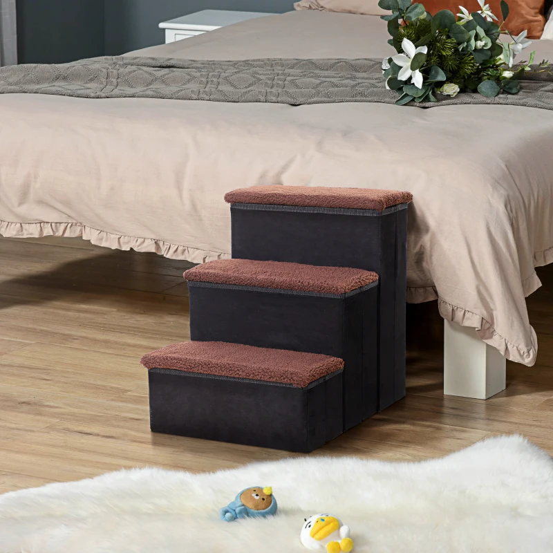 PawHut Escalera para Mascotas de 3 Peldaños Plegable con Tapas Abatibles y Espacio de Almacenamiento 3 Escalones de Perros Gatos Pequeños de Vellón Bereber para Cama Sofá 40x54x48 cm Negro
