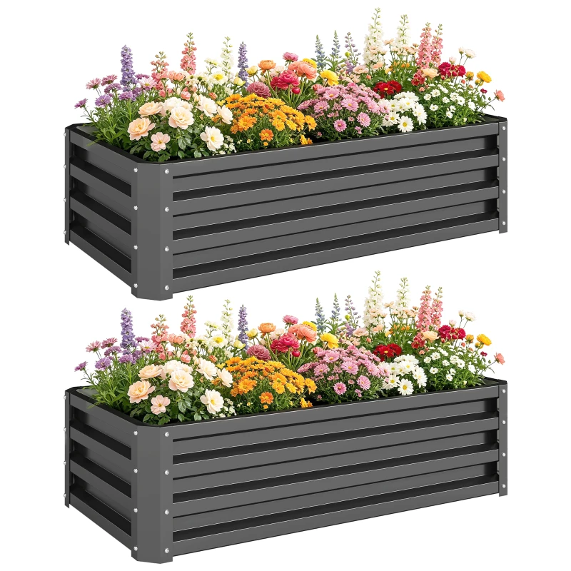 Outsunny Hochbeet Metall 2er-Set, Offener Boden, Für Garten Balkon, 110x50x30cm, Dunkelgrau