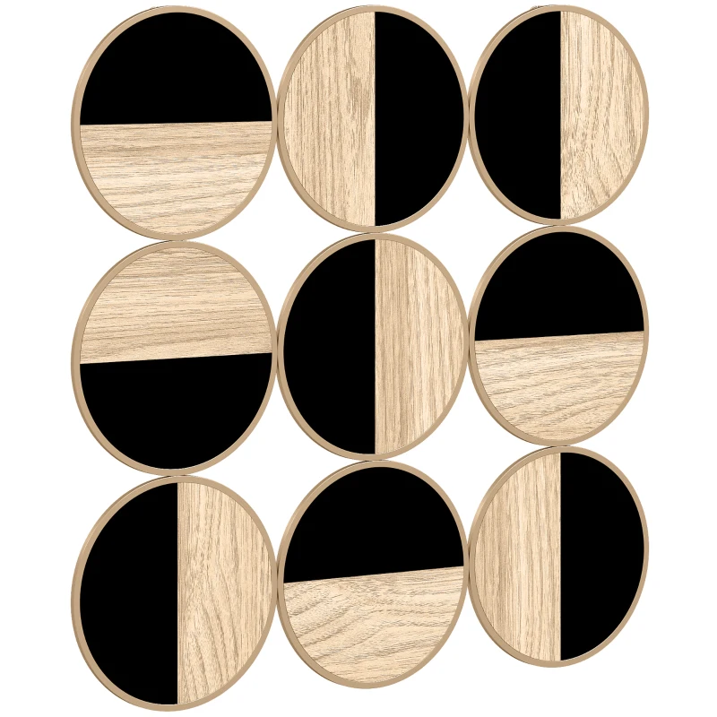 HOMCOM Cuadro Decorativo de Pared Geométrico Adorno Moderno 3D de 60x60 cm con Espejo de Plástico Negro y Madera Natural
