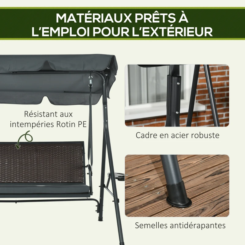 Outsunny Balancelle de jardin 3 places toit inclinaison réglable avec porte-gobelets et plateaux assise dossier ergonomique