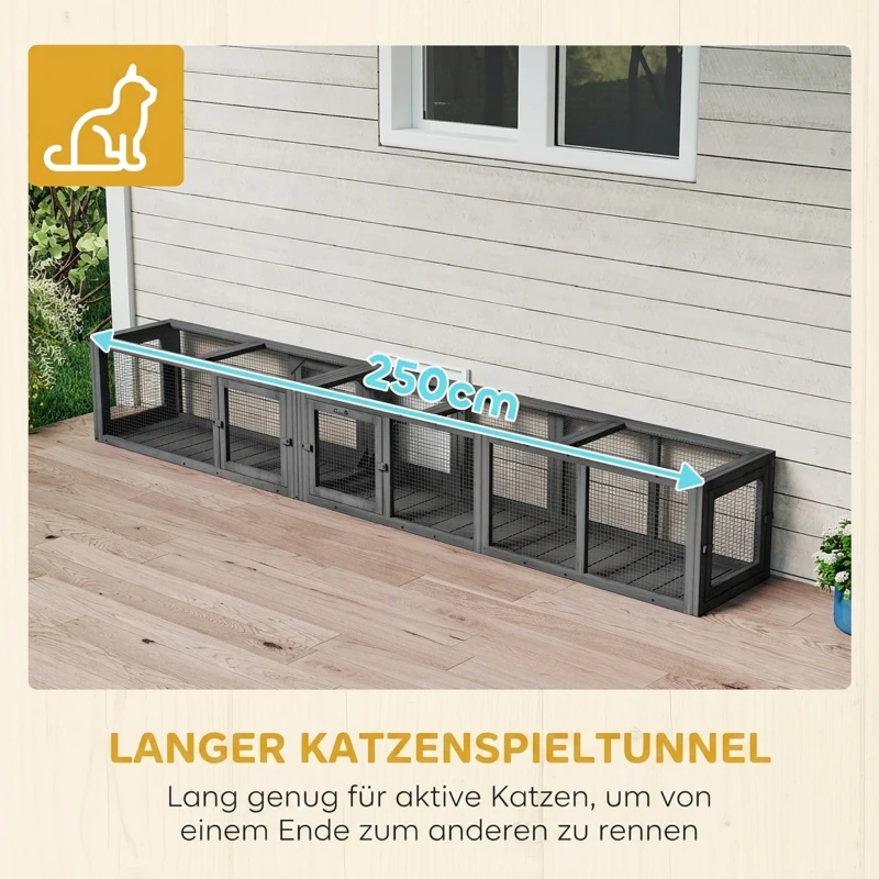 PawHut Katzentunnel XXL, flexibel kombinierbar Holz Spieltunnel mit 8 Eingängen, 250 x 38 cm, für Katzen bis 5 kg und Kaninchen